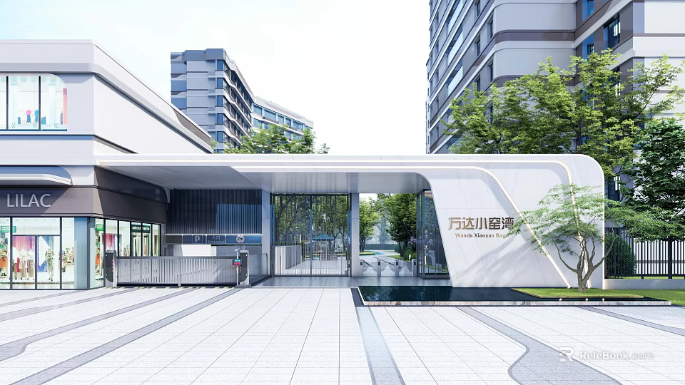 Contemporary Community Entrance Gate with Glass and Surrounding High Rise Buildings Green Plants Paved Square 3d model 