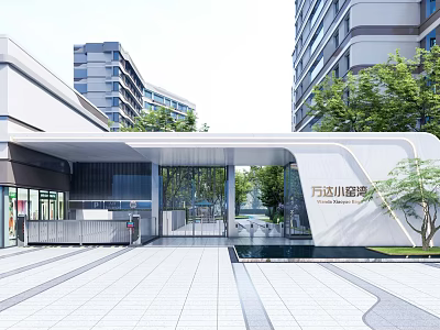Contemporary Community Entrance Gate with Glass and Surrounding High Rise Buildings Green Plants Paved Square 3d model