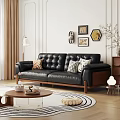 Black Leather Tufted Three Seater Sofa With Wooden Legs And Decorative Pillows In Living Room