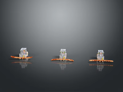 Three Transparent Boat Models With Orange Bases And Small Creature Figures On Gray Background With Reflection 3d model