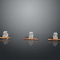 Three Transparent Boat Models With Orange Bases And Small Creature Figures On Gray Background With Reflection
