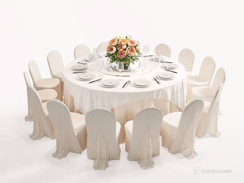 Elegant Round Dining Table Set With White Tablecloth Floral Centerpiece And White Chairs 3d model 
