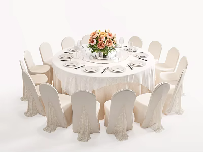 Elegant Round Dining Table Set With White Tablecloth Floral Centerpiece And White Chairs 3d model