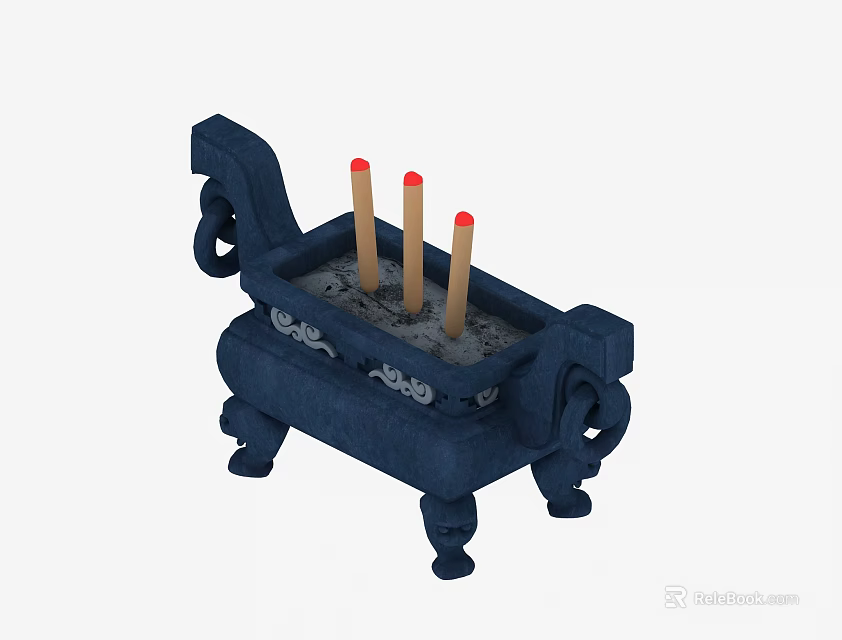 Traditional Blue Incense Burner With Three Red Tipped Incense Sticks And Carved Patterns 3d model 