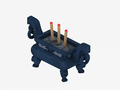 Traditional Blue Incense Burner With Three Red Tipped Incense Sticks And Carved Patterns 3d model