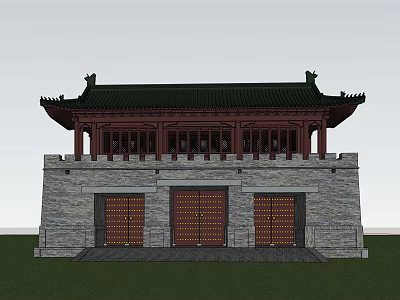 Traditional Ancient Chinese Architecture Gate Tower With Stone Walls Red Doors And Green Roof 3d model