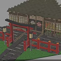 Traditional Japanese Building Featuring Red Torii Gate Tiled Roof Wooden Windows Red Fence And Lanterns