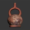 Ancient Red Ceramic Vessel With Loop Handle And Intricate Carved Figures