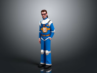 Blue And Orange Character Uniform With White Accents Badge And Sunglasses 3d model