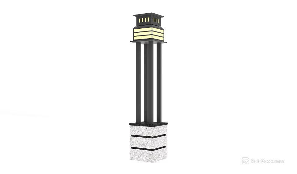 Outdoor Column Light With Black Pole Grid Shade And Stone Base Design 3d model 