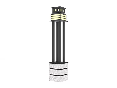 Outdoor Column Light With Black Pole Grid Shade And Stone Base Design 3d model