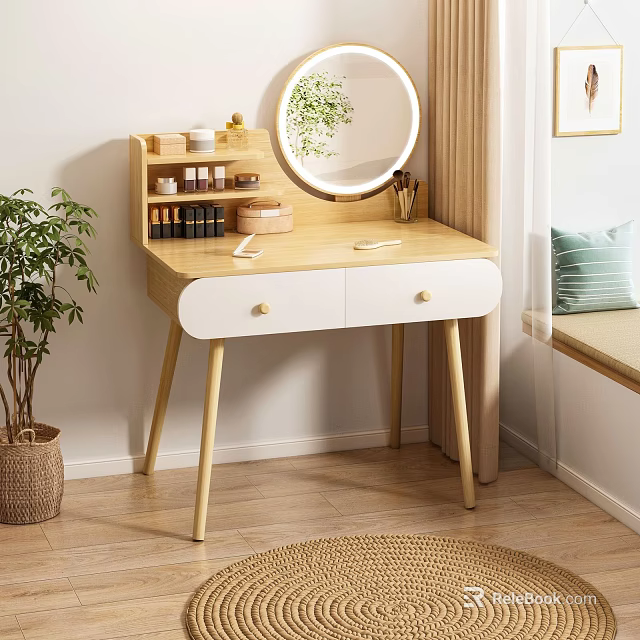 Stylish Light Wood Dressing Table With Round Mirror Two Drawers Cosmetics And Green Plant 3d model 
