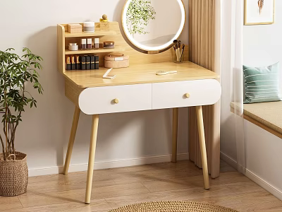 Stylish Light Wood Dressing Table With Round Mirror Two Drawers Cosmetics And Green Plant 3d model
