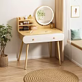 Stylish Light Wood Dressing Table With Round Mirror Two Drawers Cosmetics And Green Plant