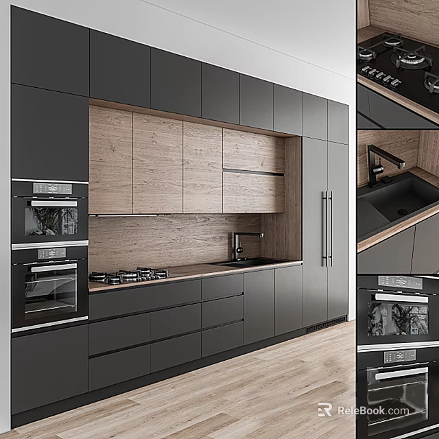Modern Kitchen Interior With Black And Wooden Cabinets And Built-in Appliances 3d model 
