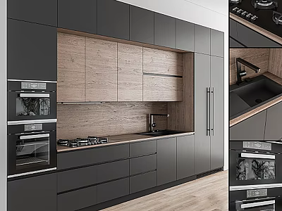 Modern Kitchen Interior With Black And Wooden Cabinets And Built-in Appliances 3d model