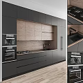 Modern Kitchen Interior With Black And Wooden Cabinets And Built-in Appliances
