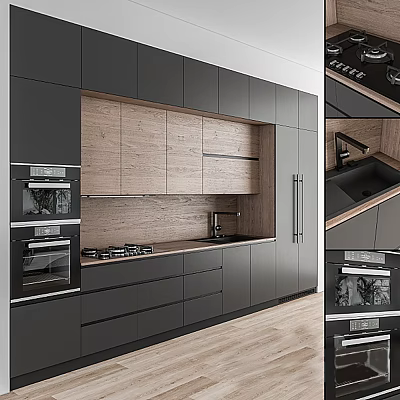 Modern Kitchen Interior With Black And Wooden Cabinets And Built-in Appliances 3d model