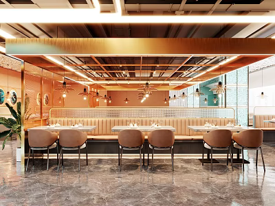 Modern Restaurant Interior Seating Area With Brown Chairs Long Tables And Pendant Lights 3d model