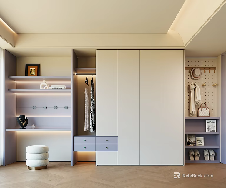 Modern Light Gray And White Wardrobe With Open Shelves Drawers And Hanging Space 3d model 