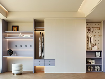 Modern Light Gray And White Wardrobe With Open Shelves Drawers And Hanging Space 3d model