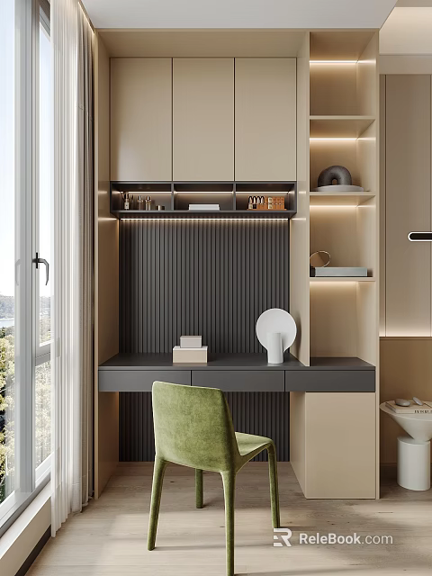 Minimalist Modern Desk with Dark Top Green Chair and LED Shelf Holding Books Decorative Plates 3d model 