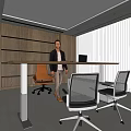 Modern Home Office with Long Desk Orange Gray Chairs Wooden Wall Large Windows Blinds and Plant