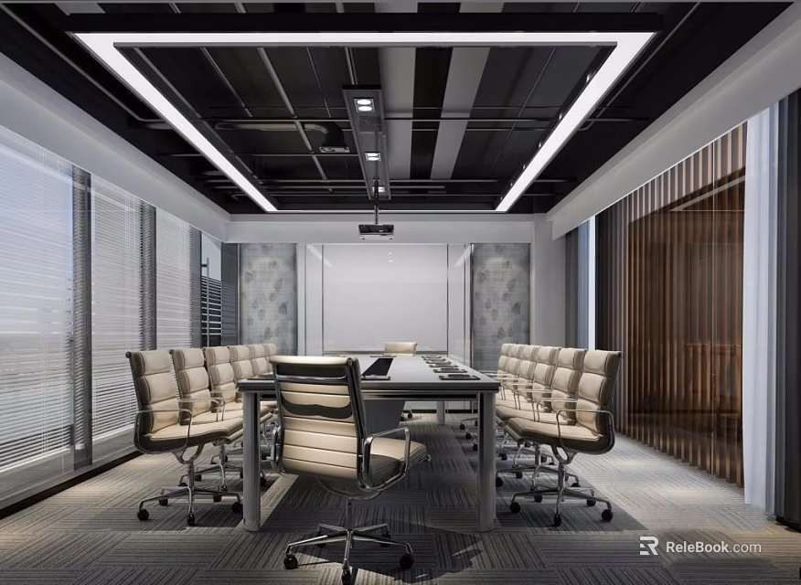 Modern Conference Room Interior With Long Meeting Table Ergonomic Chairs And Ceiling LED Lights 3d model 