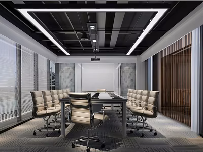 Modern Conference Room Interior With Long Meeting Table Ergonomic Chairs And Ceiling LED Lights 3d model