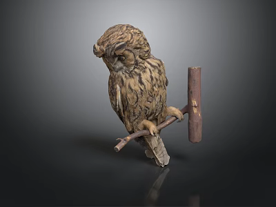 Textured Owl Sculpture Perched On Wooden Branch With Dark Background Reflection 3d model