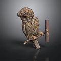 Textured Owl Sculpture Perched On Wooden Branch With Dark Background Reflection