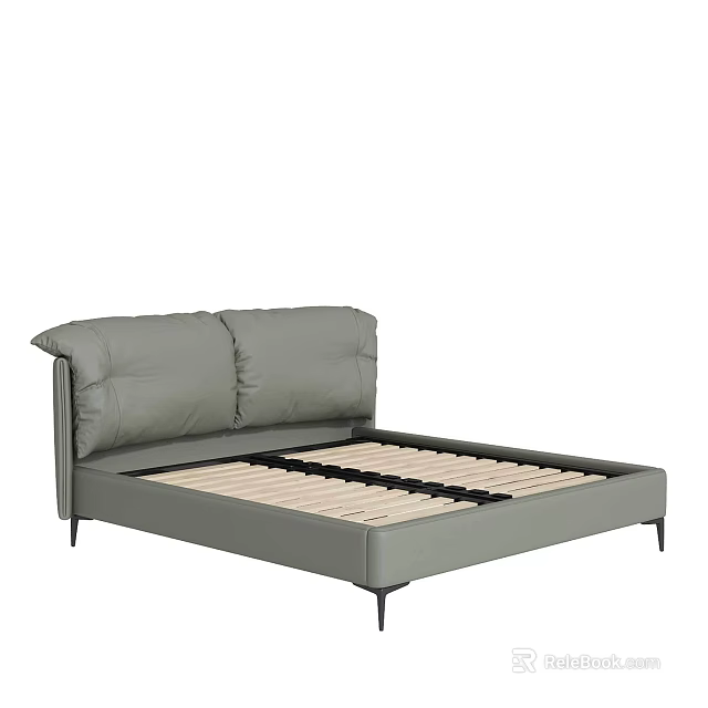 Modern Double Bed With Upholstered Gray Headboard And Slat Support Frame Design 3d model 