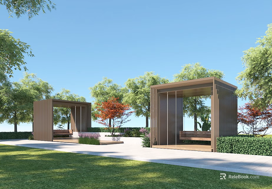 Modern Outdoor Pergola Design With Wooden Frame Green Trees And Lawn Benches 3d model 