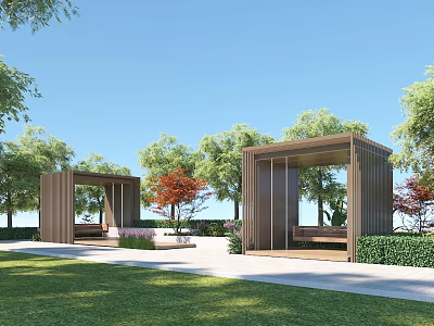 Modern Outdoor Pergola Design With Wooden Frame Green Trees And Lawn Benches 3d model