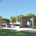 Modern Outdoor Pergola Design With Wooden Frame Green Trees And Lawn Benches