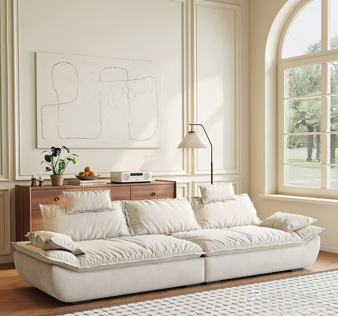 Plush Modern Two Seater Sofa In Minimalist Interior With Natural Light Window And Abstract Art 3d model 