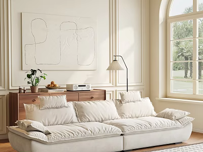 Plush Modern Two Seater Sofa In Minimalist Interior With Natural Light Window And Abstract Art 3d model