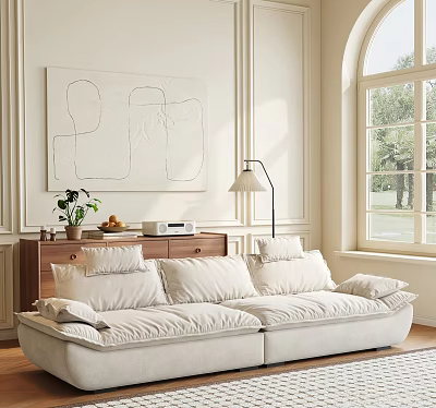 Plush Modern Two Seater Sofa In Minimalist Interior With Natural Light Window And Abstract Art 3d model