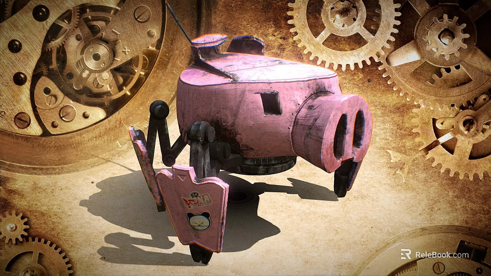 Vintage Pink Steampunk Mechanical Game and Movie Character With Gear Background 3d model 