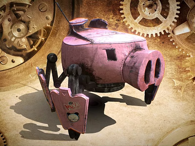 Vintage Pink Steampunk Mechanical Game and Movie Character With Gear Background 3d model
