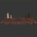 Chessboard With Wooden Fortress Style Base Displaying Black And White Pieces
