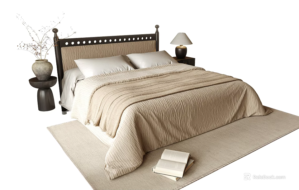 Modern Double Bed With Beige Quilt Pillows Nightstand Lamp Rug And Decorative Vase 3d model 