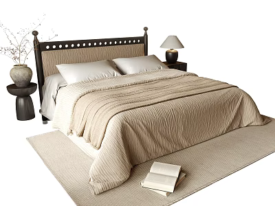 Modern Double Bed With Beige Quilt Pillows Nightstand Lamp Rug And Decorative Vase 3d model