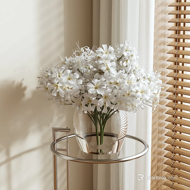 White Flowers In Transparent Vase On Round Glass Table With Wooden Blinds And Natural Light 3d model 