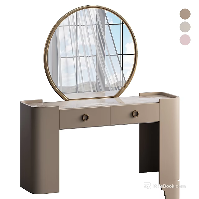 Modern Beige Dressing Table Featuring Gold Frame Round Mirror Reflecting Window View And Drawers 3d model