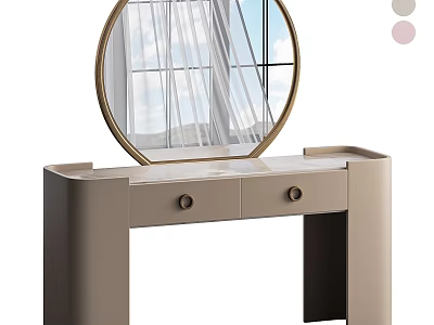 Modern Beige Dressing Table Featuring Gold Frame Round Mirror Reflecting Window View And Drawers 3d model
