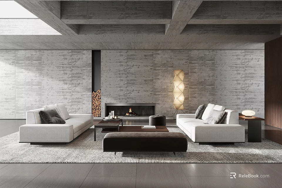 Modern Living Room Interior With Concrete Ceiling Stone Fireplace And White Sofa 3d model 