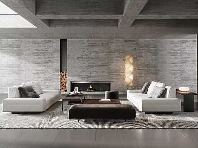 Modern Living Room Interior With Concrete Ceiling Stone Fireplace And White Sofa 3d model