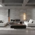 Modern Living Room Interior With Concrete Ceiling Stone Fireplace And White Sofa