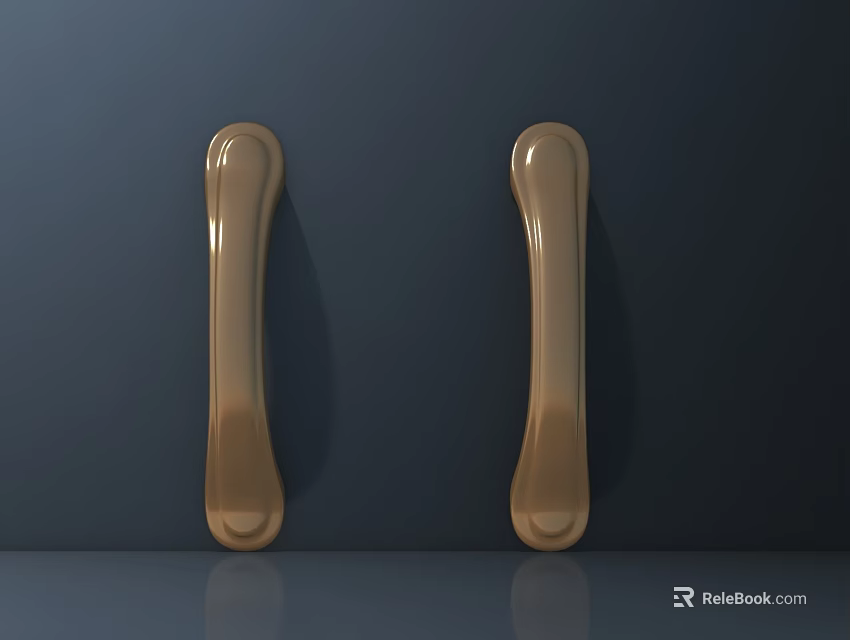 Elegant Two Golden Door Handles on Dark Wall with Reflective Surface 3d model 